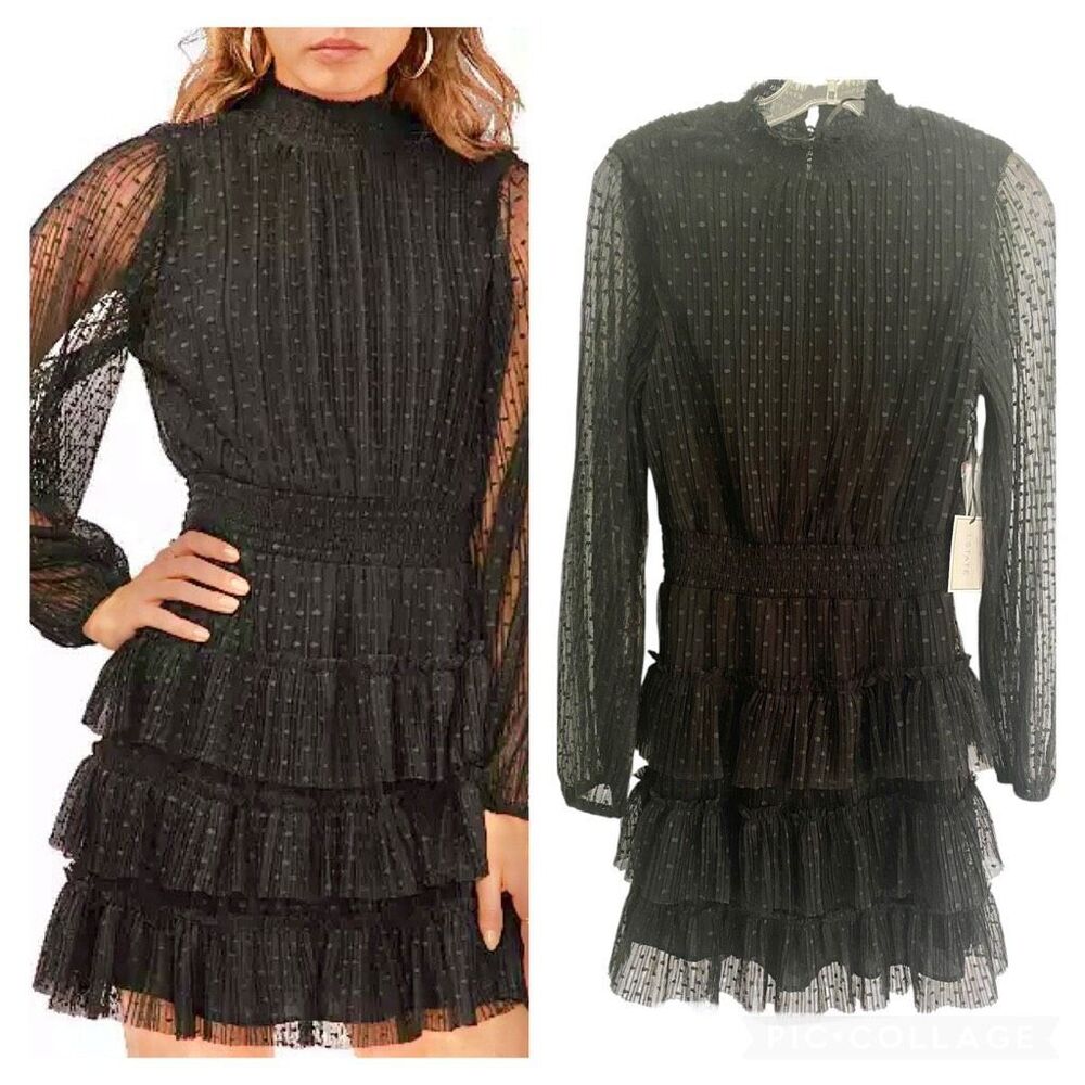 1. State Metallic Long Sleeve Smocked Waist Tiered Mini Dress Size M NWT